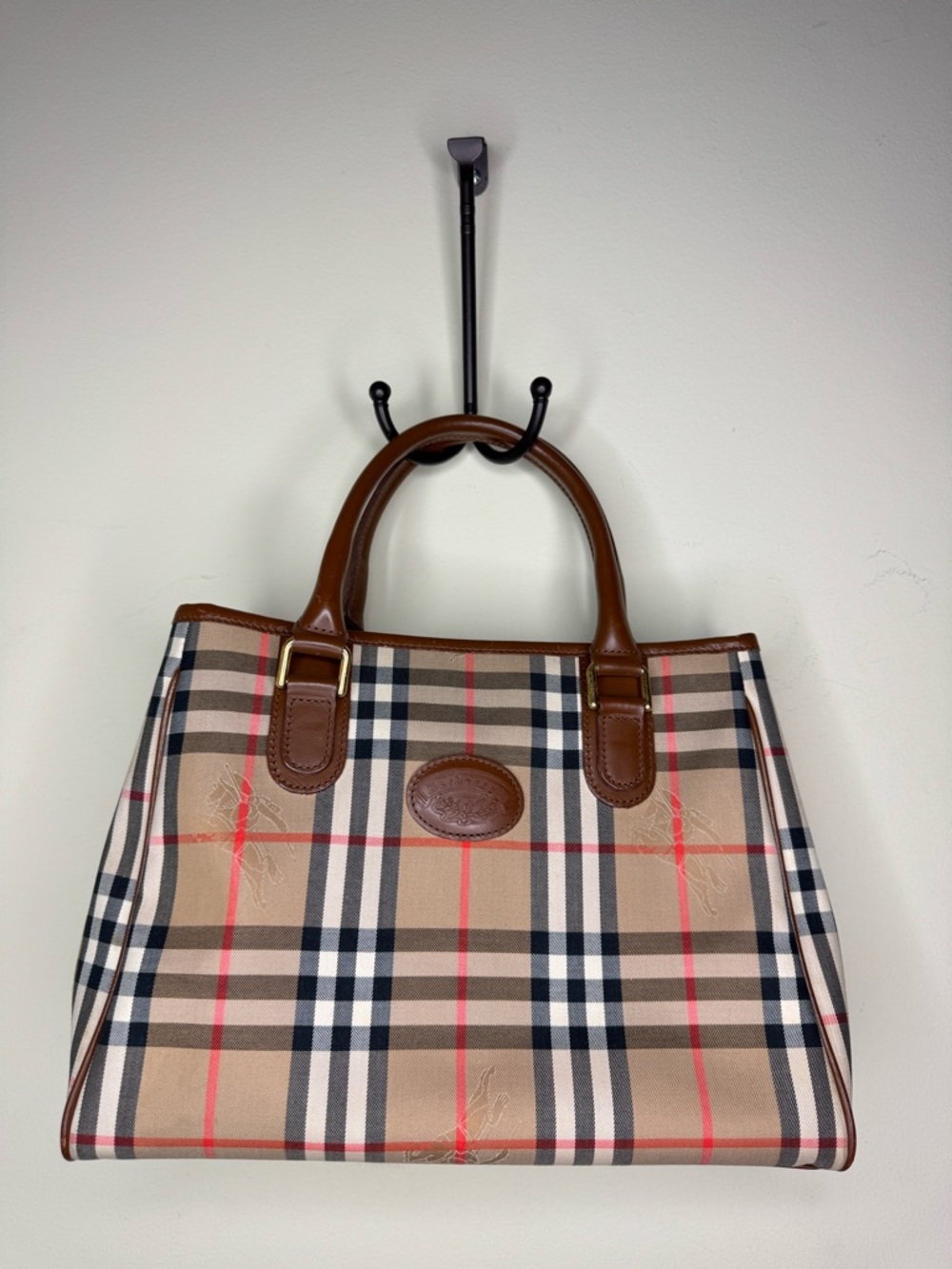 Burberry Beige Plaid Bag with Brown Leather Trim